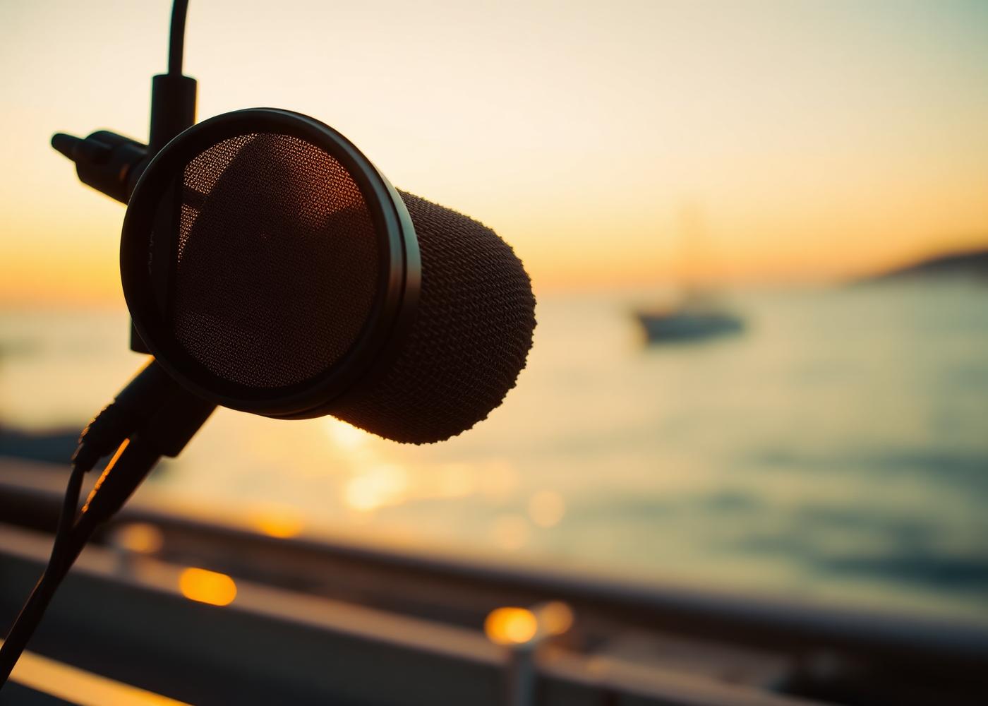 Microfono radiofonico al tramonto sul mare di Trieste
